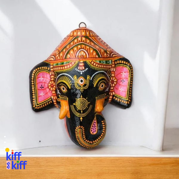 Masque mural éléphant Ganesh noir artisanal en papier mâché Inde