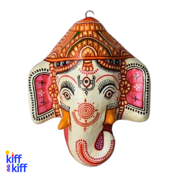 Masque mural éléphant Ganesh blanc artisanal en papier mâché Inde