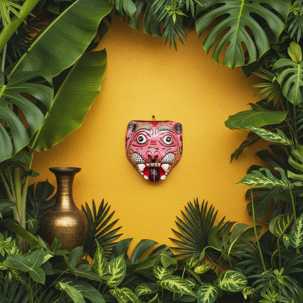 Masque indien Tigre rose – grand format – Masque mural artisanal Inde